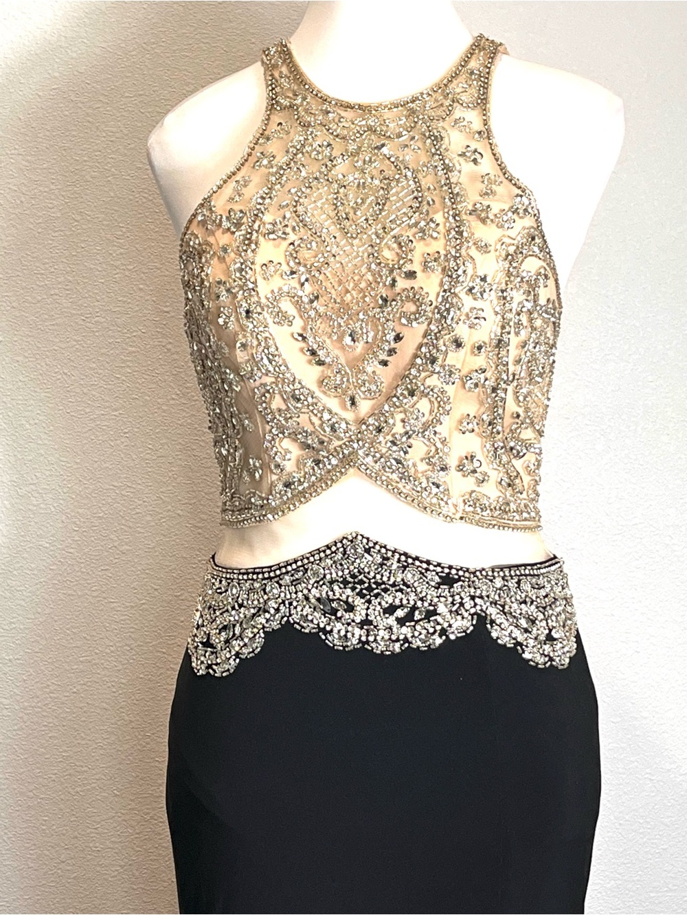 Aspeed Design Illusion Two Piece Look Beaded Prom Dress Black Silver XS